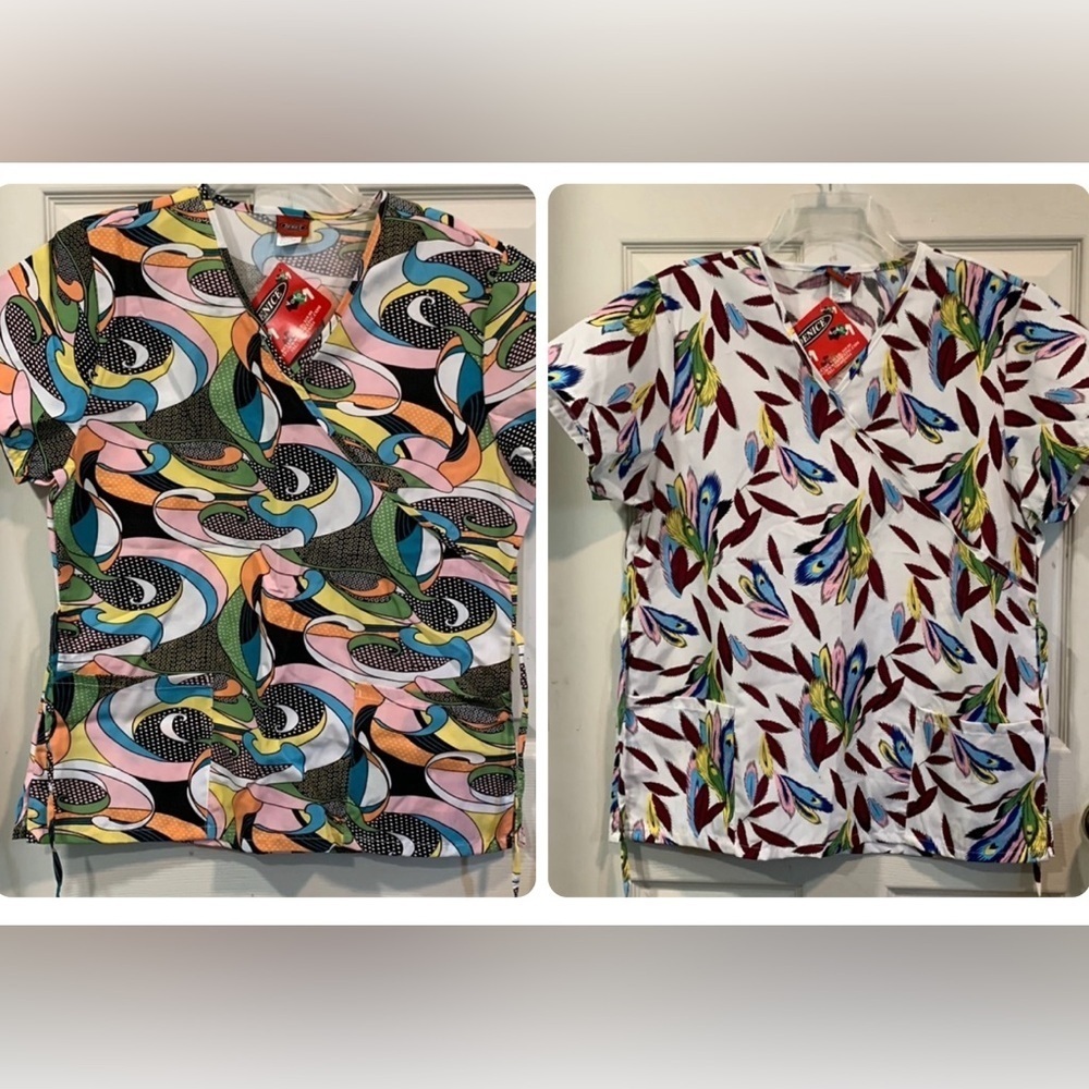 2 NWT Denice Psychedelic and Birds of a Feather Scrub Top, size Large